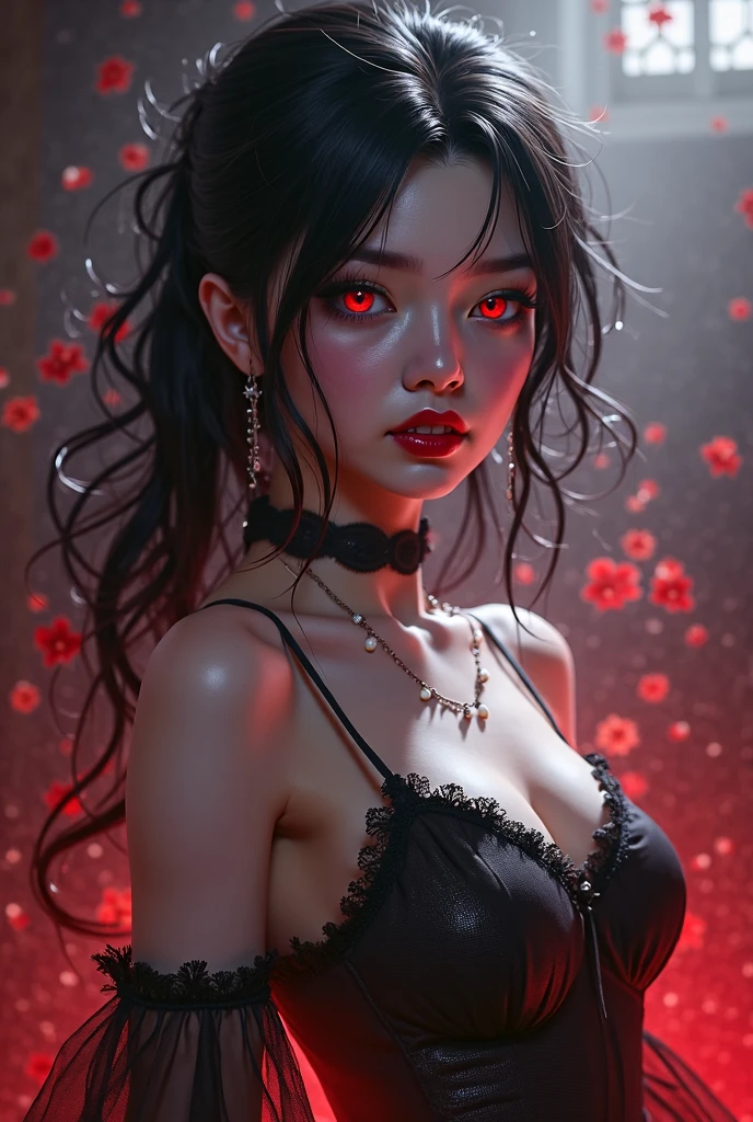beautiful black haired vampire girl with red streaks under her hair, clear skin, Red eyes, wearing a crown on his head, with upright posture