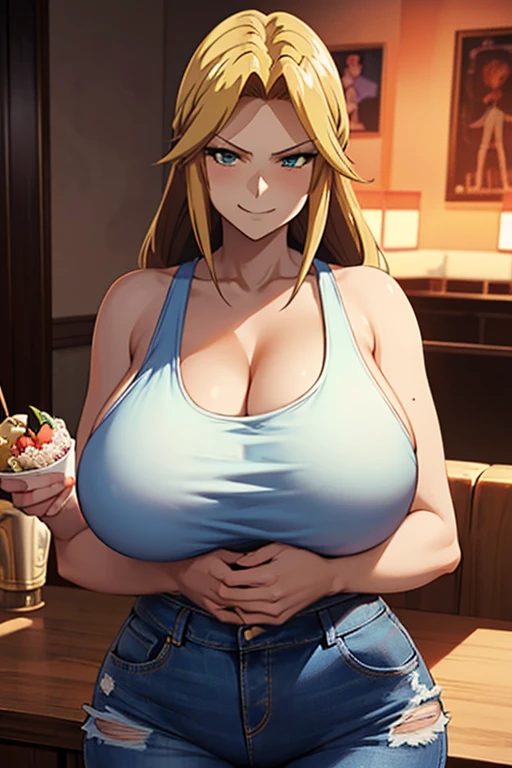 Score_9, score_8_up, score_7_up, score_6_up, score_5_up, score_4_up, source_anime, solo, 1girl, makeup, whore, prostitute, young female, sagging huge breasts, wide hips, thick thighs, BREAK Tomoe gozen, French twist updo hair, knit sweater, bare shoulder, skin tight, huge areolae, areola slip, black areolae, earrings, sitting, restaurant, meals on table, brown eyes, long eyelashes, looking at viewer, pov, crowded, covered nipples, bracelet, seductive smile, collarbone, head tilt, hairy stomach hair, showing hairy armpit hair, sweating, handjob, necklace, hentai atmosphere, magazine cover style, cum shot, penis, bukkake