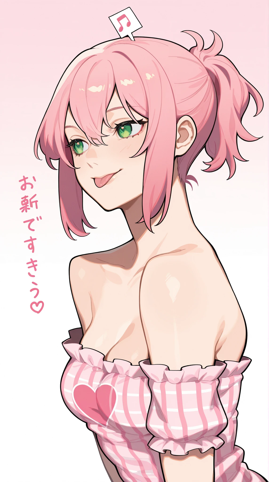 1girl,detailes,detailed,Image is a digital illustration in an anime style, featuring a female character with pink hair styled in a short bob with a small ponytail. She has large, expressive green eyes and a playful expression, with her tongue slightly out. Her skin is fair, and she is wearing a pink and white checkered off-shoulder top and matching pink underwear. The background is a light pink with a subtle gradient, and there is a shadow of the character cast behind her. The word 'HAKARI' is written vertically in bold, white letters on the right side. In the bottom right corner, there is a small logo with Japanese text in white. A pink heart with a musical note is above her head, adding to the playful theme of the illustration.
