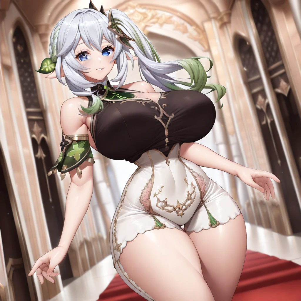 (Best quality,Unbeatable masterpiece:1.4),Ultra-detailed CG 4K,(Ultra-Detailed Clear Absurdly-Vivid Mint Big Eyes:1.2),Gorgeous Round Detailed Face(voluptuous:1.4)(Bimbo: 1.4)(normal waist: 1.2)(Thick lips: 1.3)small-nose(Light smile: 1.2)Rocks,green trees, a plant,Bush, (Shy blush:1.4) Dynamic pose ,1girl, seductive, delicate delicate a fair skin woman long white hair curvaceous with  fantasy aesthetic  face structure blue eyes skin tight white corset dress big white evening gloves top_open white thigh high stockings wide hips big_breasts horse_ear unicorn_tail pink_horn lips_parted flowers in hair no ears mole_under_eye shy expression princess crown full body image 