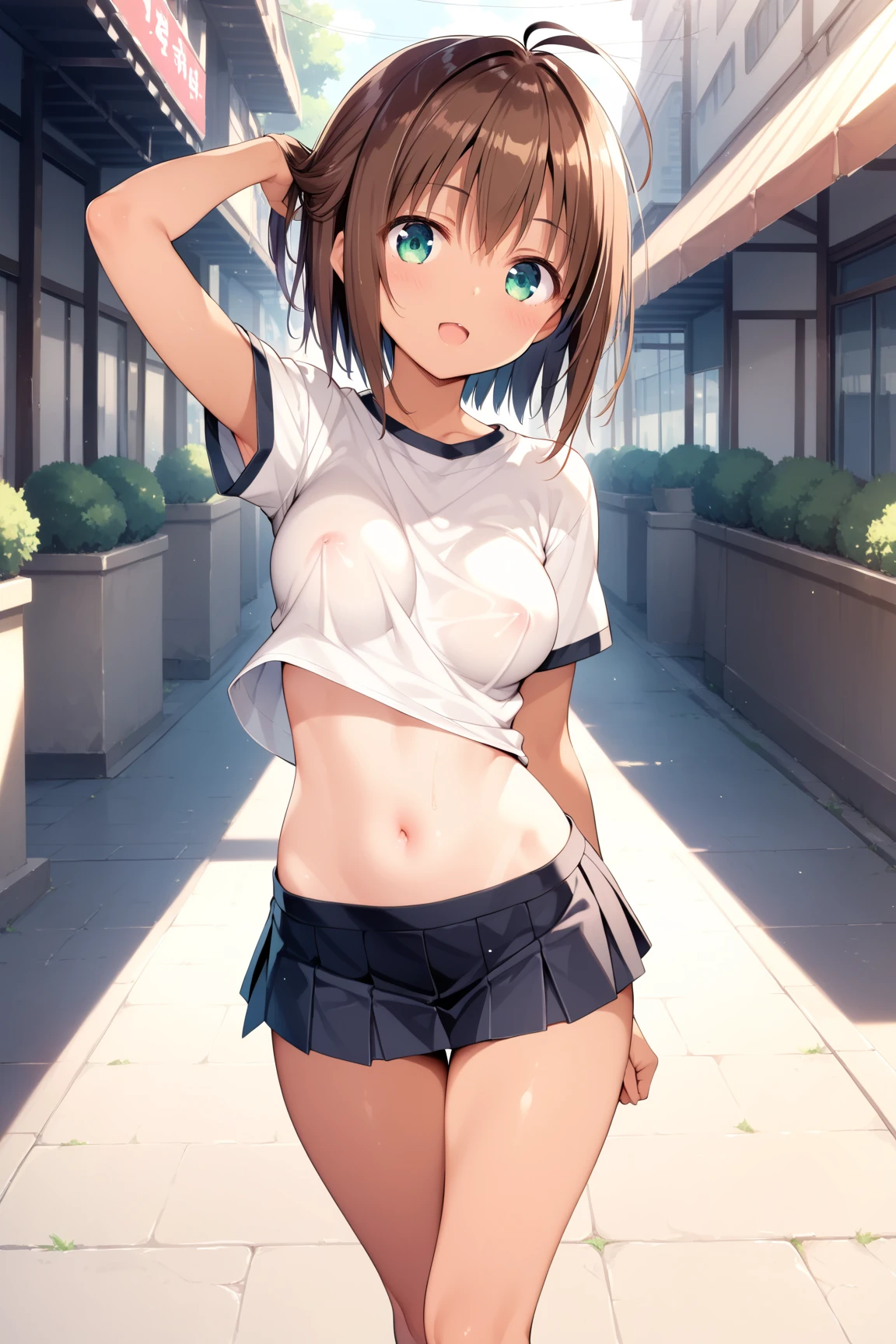 ,(8k, Highest quality, masterpiece: 1.2), (tomgirl: 1.37), (beautiful face),Very detailed face, One Girl,(midnight,flashing,embarrassed:1.5,shyness:1.3,Humiliation: 1.2), Beautiful attention to detail, Floating messy short Hair, (shirtlift:1.3), stockings, (whole body:1.2),(Night famous street,mob people,crowded,(flat chest:1.2)),background blur,fake smile,(at alley:1.3),cute,tears,Pleated Microminiskirt,sports bra,show teeth