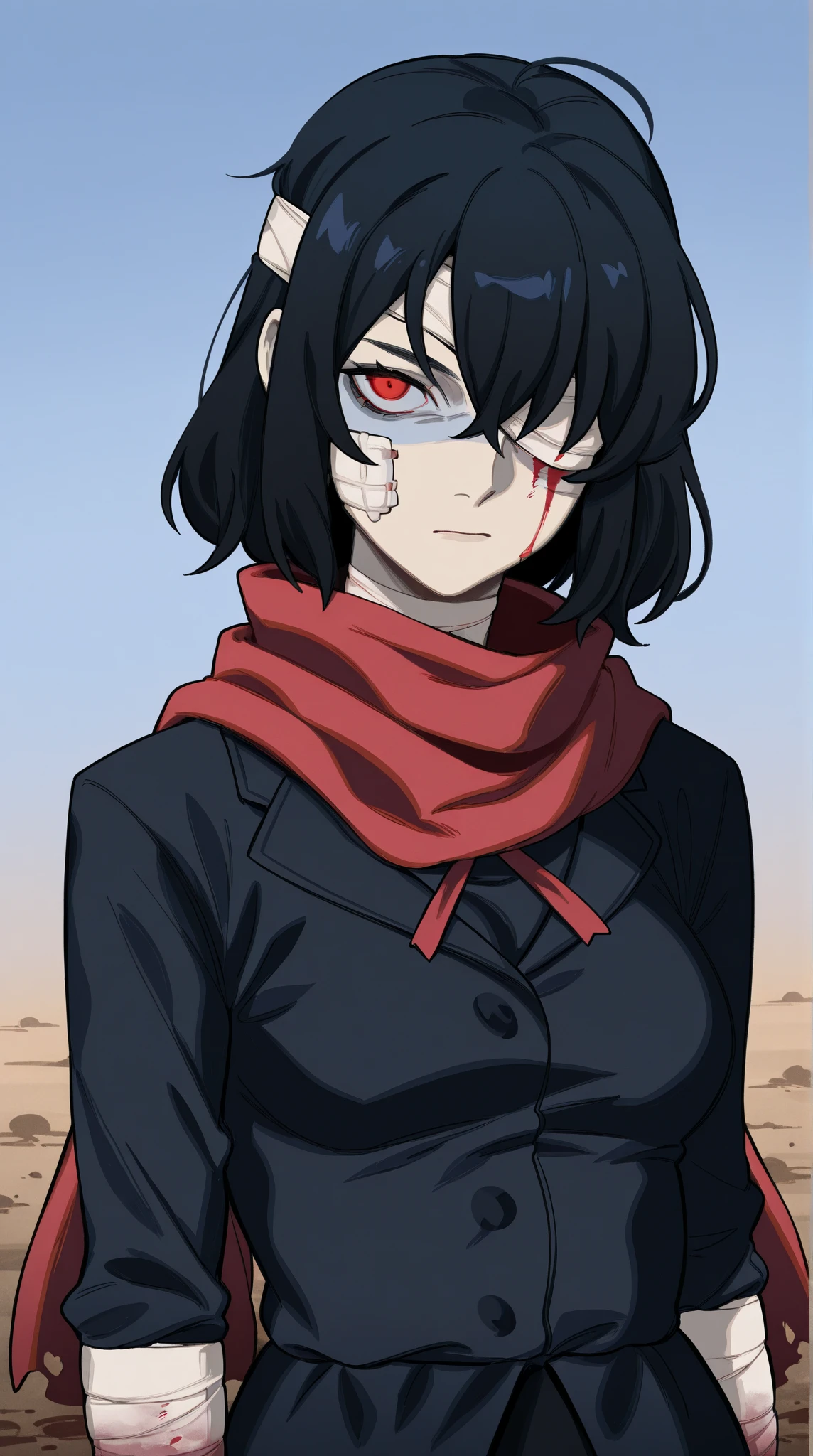 1girl,detailes,detailed,Image is a digital illustration in an anime style, featuring a character with a somber expression. The character has medium-length, dark hair that appears tousled, and their skin is pale. They have a bandage over one eye, and there are visible smudges of dirt or blood on their face and neck. The character is wearing a dark-colored outfit with a red scarf or tie. The background is a gradient of light blue, suggesting a sky or open space. The overall mood of the image is dramatic and intense, with a focus on the character's expression and the contrast between the dark and light elements.