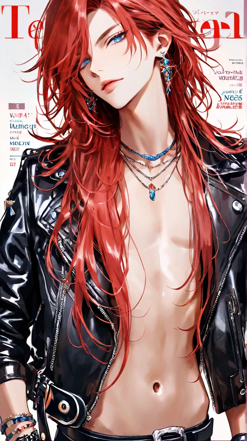 Adult girl, long red hair, blue eyes, blue leather jacket, smile, masterpiece, high quality, open belly