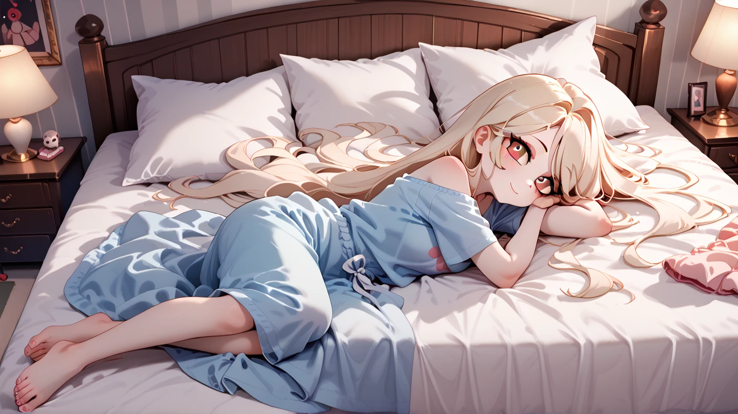 Create a serene portrait of a beautiful girl lying prone on a soft couch, enveloped in a warm, cozy atmosphere with soft lighting, wearing comfortable attire, her hair gently cascading, and surrounded by elements of relaxation such as a plush blanket, a favorite book, and a cup of tea on a tranquil indoor setting.