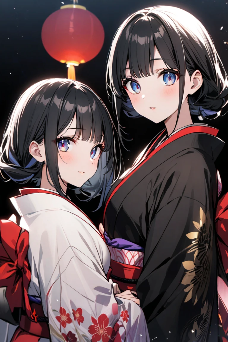 Two women hugging，Japanese clothing，Bar district，Unbuttoned，I'm drunk，Midnight，Adult atmosphere，Change of clothes