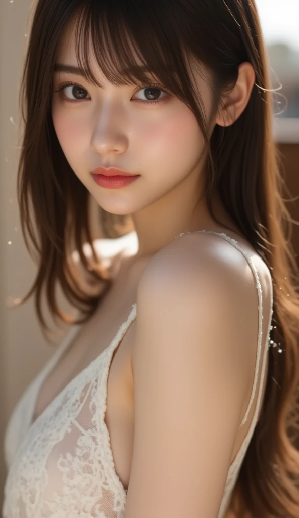 masterpiece、Highest quality、High resolution、Tabletop、wallpaper、Realistic、Bright lighting、Professional Lighting、Face Light、Smooth lighting、Japanese women、Adult、Beautiful woman、action、gravure、sexy、so beautiful、Beautiful Skin、Beautiful and exquisite、Detailed face、slim、Brown eyes、Looking into the camera、Cleavage、Big Breasts