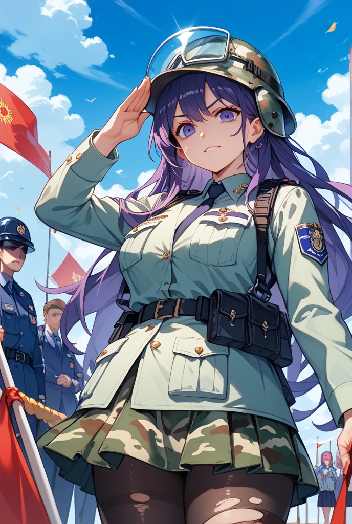 (masterpiece, top quality, best quality, official art, beautiful and aesthetic:1.2),(8k, best quality, masterpiece:1.2), (((masterpiece))),(((best quality))),(((extremely detailed))),illustration, who, (masterpiece, top quality, best quality, official art, beautiful and aesthetic:1.2),(8k, best quality, masterpiece:1.2), masterpiece, best quality, illustration, highres, ultra-detailed, 1girl, upper body, raiden shogun \(genshin impact\), purple hair, purple eyes, eyeliner, (ceremonial uniform:1.4), (Indonesian flag:1.6), Indonesian flag, red and white colors, marching, focused expression, military posture, white gloves, red-white sashes, outdoor ceremony, (patriotic atmosphere:1.5), blue sky, (bright daylight:1.3), detailed background, traditional attire, August 17th,