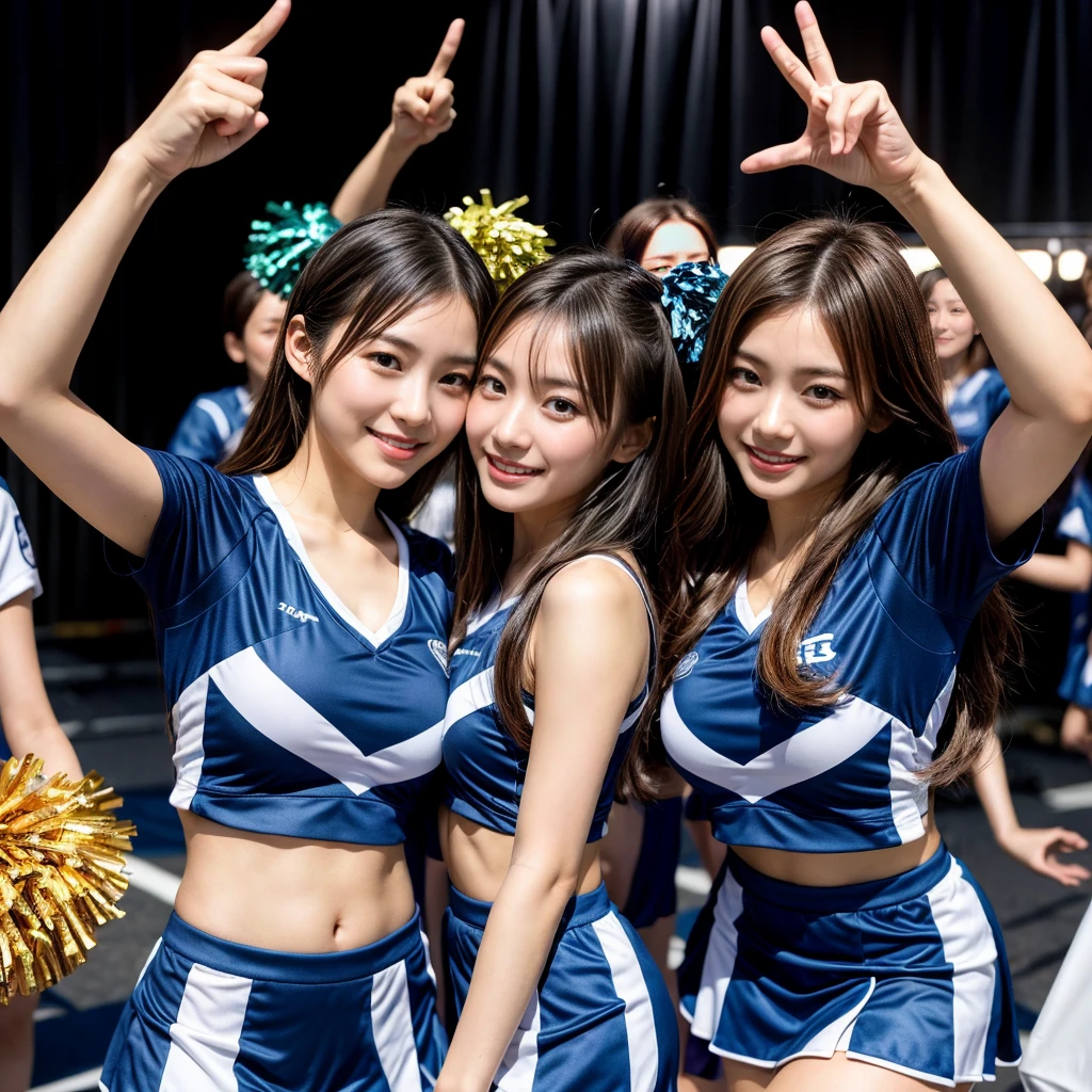 （ultra-detailliert、Raw photo、Surreal）、cheerleaders、a 25yo woman、cheerleadersのコスチューム、cheering、Looks fun、Detailed mouth、A detailed eye、Detailed Limbs、Voluptuous belly、Navel、huge tit、Long Socks