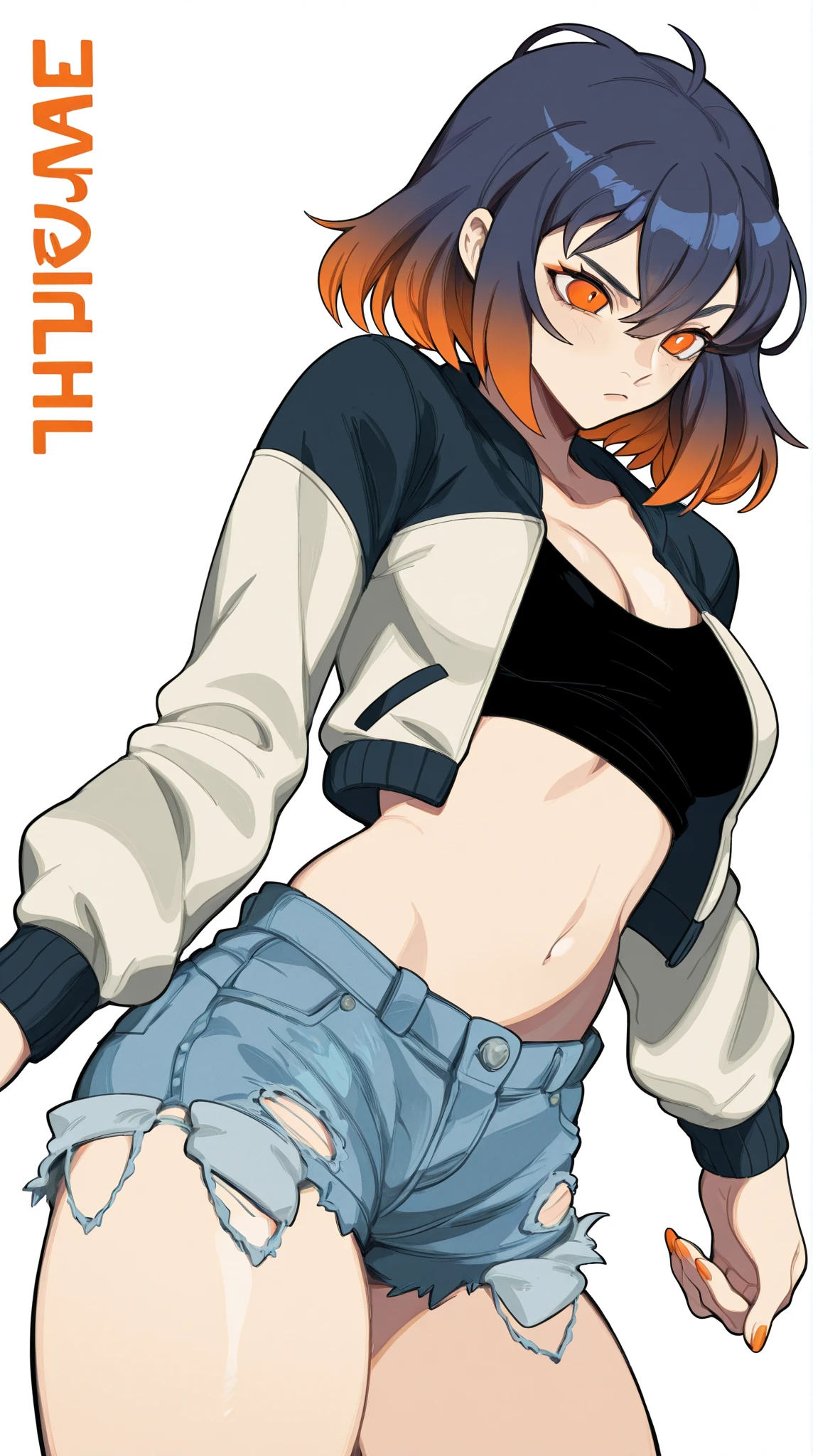 female,hight quality,detailes,detailed,Image is a digital illustration featuring an anime-style character. The character is depicted from a low angle, emphasizing a dynamic and powerful pose. She has short, dark hair with blue and orange highlights, and her expression is confident and intense. Her skin is light, and she is wearing a black crop top with a unique design, paired with frayed denim shorts. Over her outfit, she has a loose-fitting, multicolored jacket with a gradient of dark shades. The background is plain white, which accentuates the character's bold presence and detailed attire. The overall style is vibrant and expressive, typical of contemporary anime art.