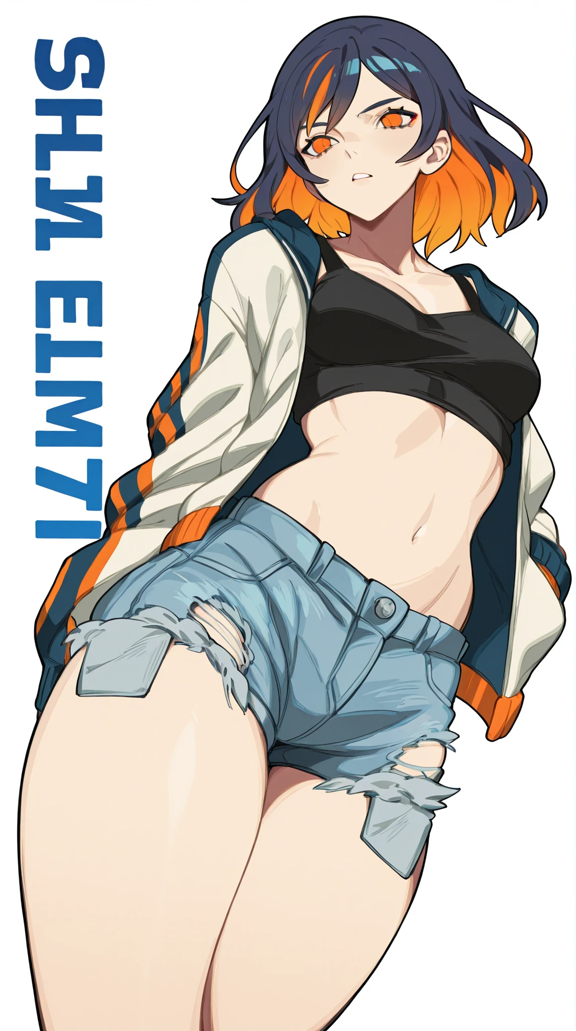 female,hight quality,detailes,detailed,Image is a digital illustration featuring an anime-style character. The character is depicted from a low angle, emphasizing a dynamic and powerful pose. She has short, dark hair with blue and orange highlights, and her expression is confident and intense. Her skin is light, and she is wearing a black crop top with a unique design, paired with frayed denim shorts. Over her outfit, she has a loose-fitting, multicolored jacket with a gradient of dark shades. The background is plain white, which accentuates the character's bold presence and detailed attire. The overall style is vibrant and expressive, typical of contemporary anime art.