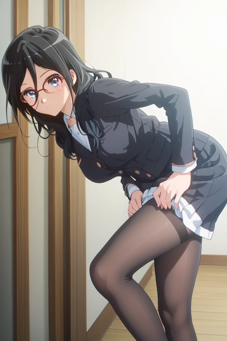 Best Quality, masutepiece, 超A high resolution, Officelady、Adults、femme、age 30s、Long black hair straight、poneyTail、bow ribbon、beauty legs、Office suit、a smile、Legs thin、Tight mini skirt、pencil skirts、Trem lotado、molesting、Slimed、legs spread from side to side、White silk panties、high-heels、Light blue shirt、White collar shirt。Open the front of the shirt、white lace bra interview