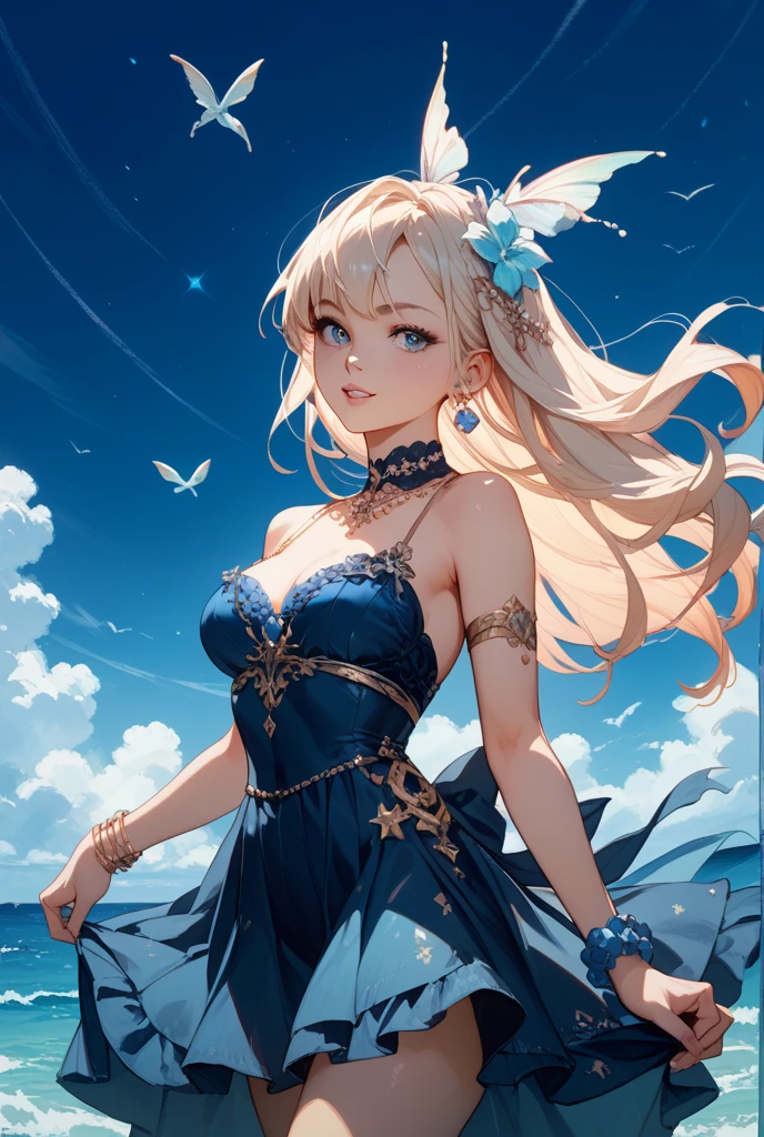 a young woman with long, silvery-blonde hair with a teal ombre that reaches her waist, very fair skin, and eyes that are a mix of deep ocean blue and sunset pink