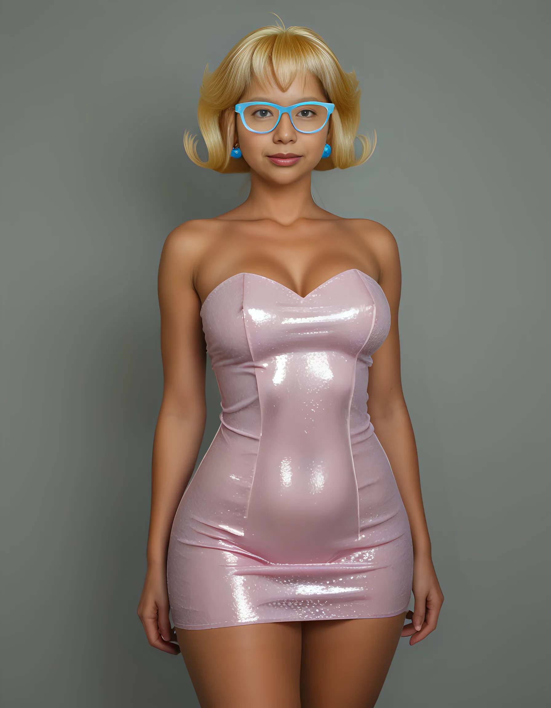 Masterpiece, perfect face, Young face, cute face, 1 blonde girl, very large blonde hair, curly hair, Black tight dress, red thong, topless, sensual pose, Glasses, smile, work, C.N.C turning Lathe , Fanuc
