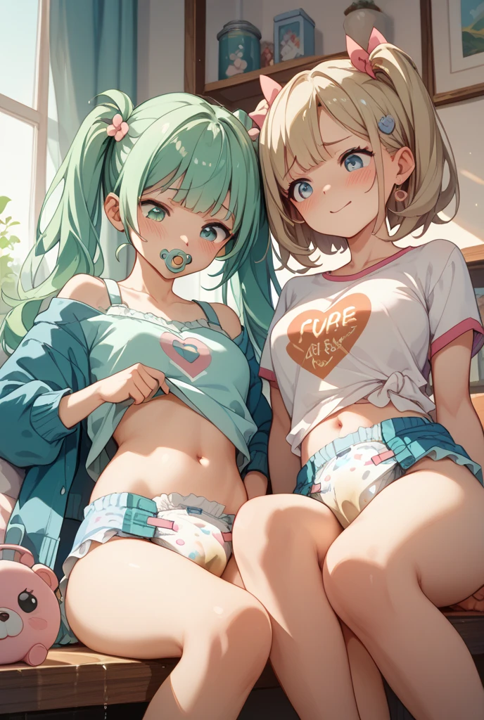 Second Dimension、pretty girl、sister、smile、Light blue hair、sit、front、bed、Large waist circumference、Chubby、Place hands on hips、chest、Shorts、Pink hoodie、Midriff、belly button、Open your mouth、Green Eyes、Long Hair、Light blue hair、Dark Room