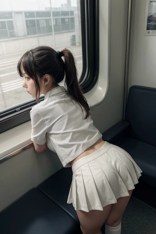 (masterpiece: 1.3), (maximum resolution: 1.2), (ultra high definition tv: 1.2), cinema light, 8K resolution, detailed facial features, focus on face,perfect style, cute face, Accurate, anatomically correct, fine eyes,beautiful eyes、 shiny skin, Fair skin, Glossy skin、glossy lips、 (embarrassed look: 1.2),Female 32 years old, Retrospective shot of rear loam、angle from below, Low - Angle, from behind, beautiful face, (skirt lift:1.4), loose and wrinkled white panties, stockings, blush、humiliation、impatience、tears、embarrassing、surprised expression、expression of anger、 (flight attendant uniform:1.4),full of sweat、silver hair、green ash eye、soaking wet、flowing sperm、Sperm in the ass、sperm on thigh、flowing sperm(attractive ass:1.2),、exposed panties、disheveled clothes、exposed chest、Inside the plane、aisle、(Pee runs down the inside of my thighs:1.1)