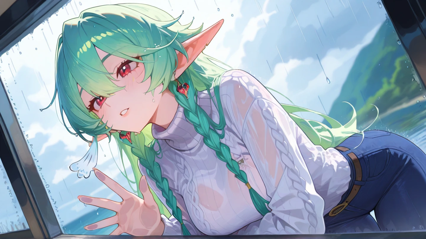 独奏,pointy ears, green hair, green eyes, short hair, short hair with long locks, empty eyes, large breasts, nipple, sea, Abandoned City, frozen, Wet, crying, Naked, (1girl),, Peeing, lactation, projectile lactation