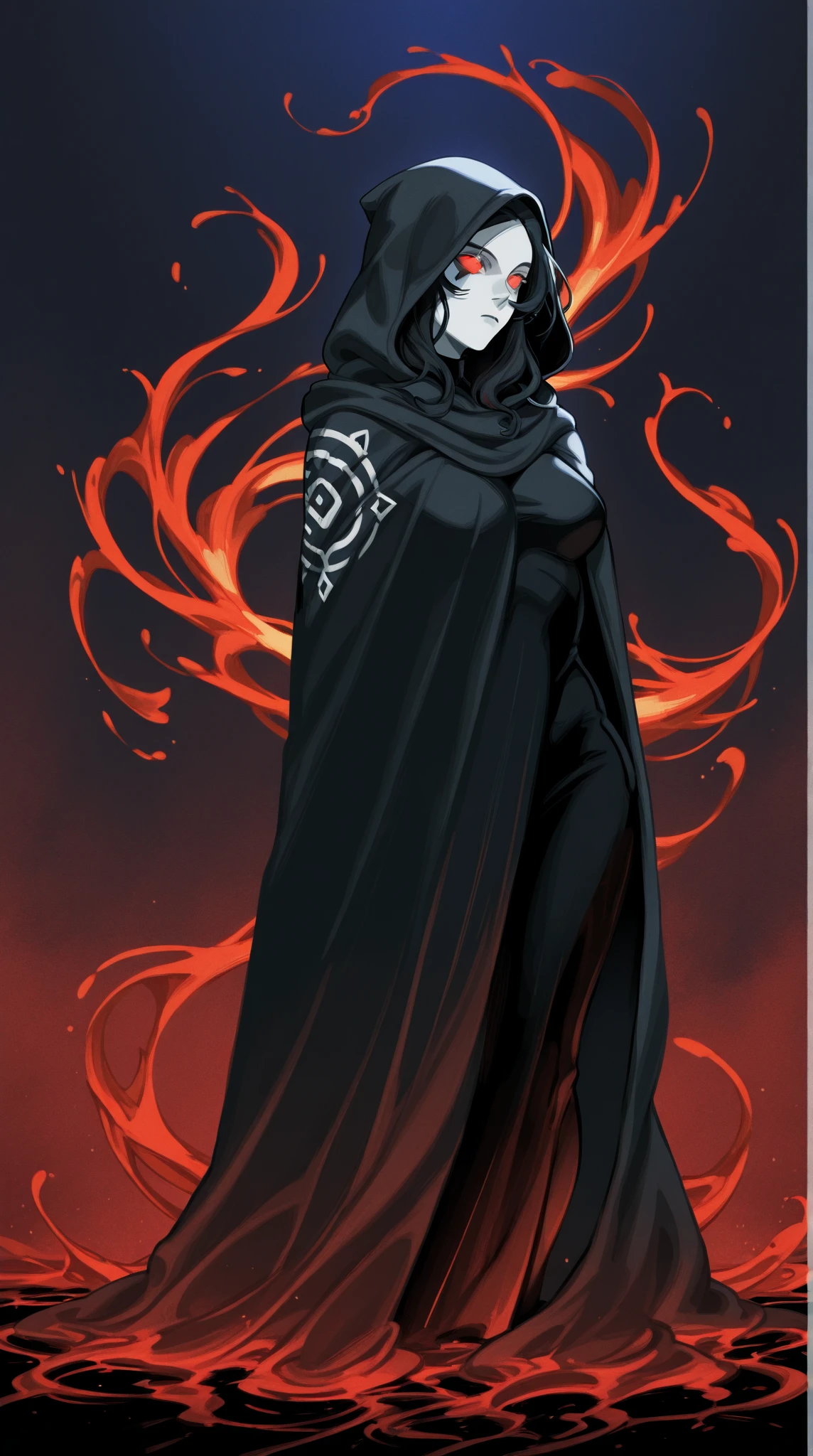 female,hight quality,detailes,detailed,Image is a digital illustration in a dynamic, fantasy style, featuring a central figure in a dramatic pose. The subject is a person with pale skin, partially obscured facial features, and long, flowing dark hair. They are wearing a dark, hooded cloak with intricate, light-colored patterns along the edges. The cloak billows around them, creating a sense of movement. The background is a swirling mix of dark and light colors, with splashes of red and white, suggesting energy or magic. The overall composition is fluid and energetic, with a focus on the contrast between the dark clothing and the bright, chaotic background elements.