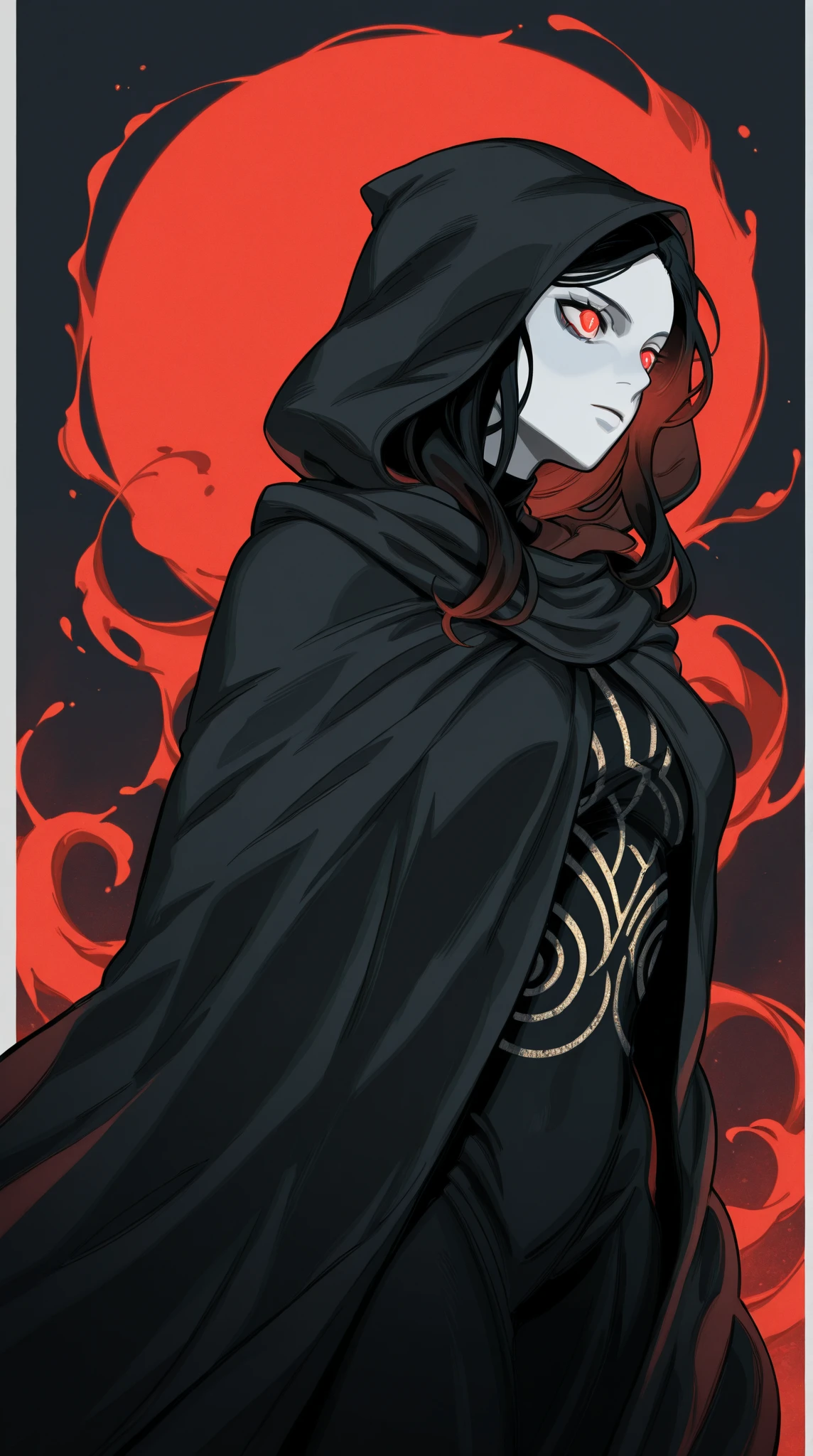 female,hight quality,detailes,detailed,Image is a digital illustration in a dynamic, fantasy style, featuring a central figure in a dramatic pose. The subject is a person with pale skin, partially obscured facial features, and long, flowing dark hair. They are wearing a dark, hooded cloak with intricate, light-colored patterns along the edges. The cloak billows around them, creating a sense of movement. The background is a swirling mix of dark and light colors, with splashes of red and white, suggesting energy or magic. The overall composition is fluid and energetic, with a focus on the contrast between the dark clothing and the bright, chaotic background elements.