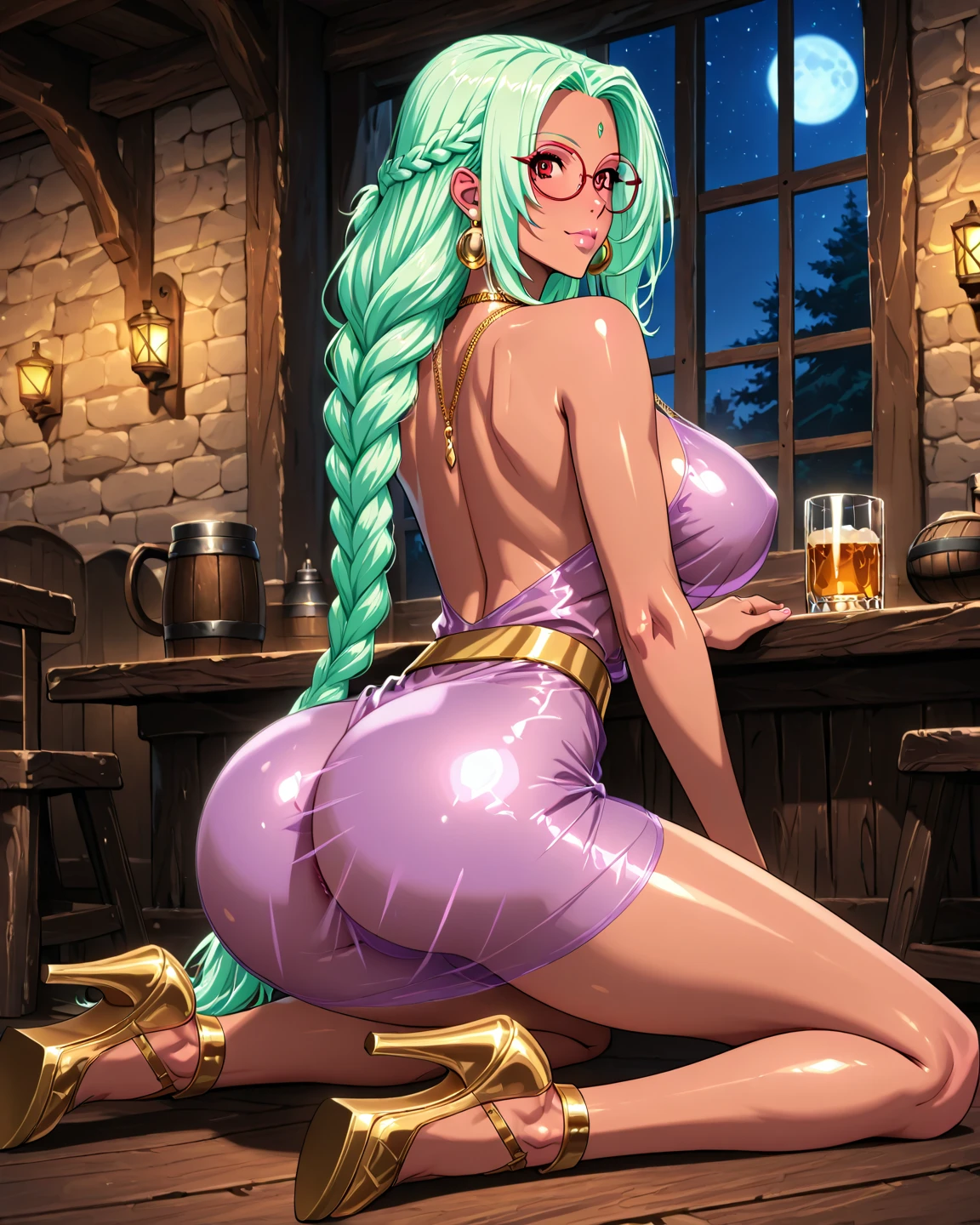 Noelle Silva, Women, silver hair, long pigtails on both sides, purple hair bows, big breasts, big butt, Futanari, huge penis, Semen, naked, bar, liqueur, posing sexually, alone