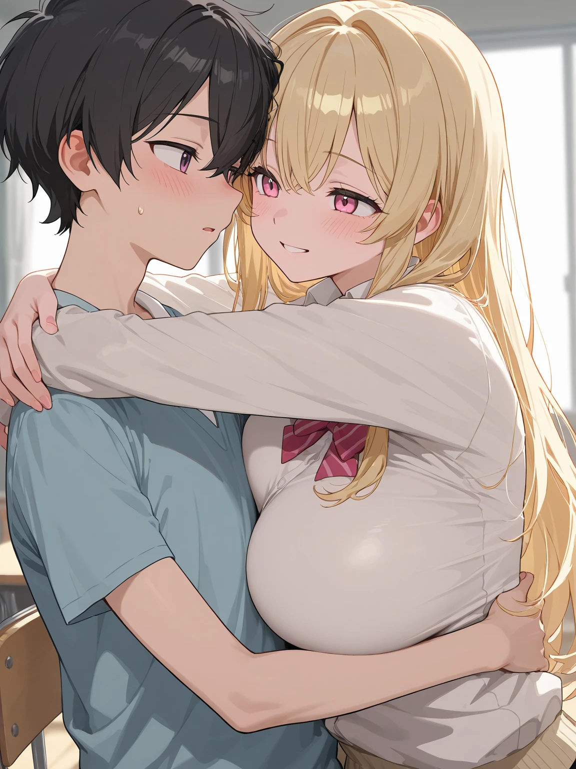 1girl , 1boy,little boy, hug each other,female high-school student,White student uniform,huge tit,blush,large breast,JK ,sex