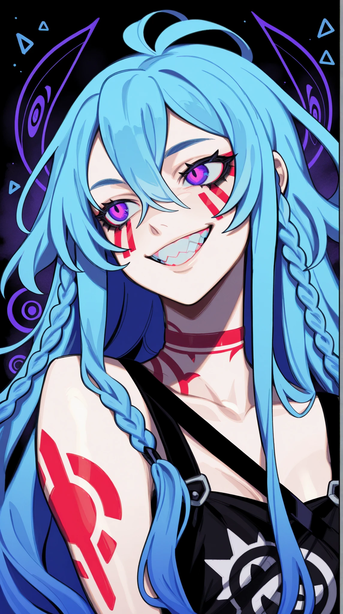 female,hight quality,detailes,detailed,Image is a digital illustration featuring a stylized character with vibrant blue hair styled in long braids. The character has a fair skin tone and is depicted with exaggerated facial features, including large, expressive eyes with purple irises and a wide, mischievous grin revealing sharp teeth. The character's attire includes a black, spiked strap across the chest, and various tattoos are visible on the skin, including geometric shapes and symbols. The background is dark with abstract patterns, enhancing the dynamic and edgy aesthetic of the artwork. The overall composition is bold and colorful, emphasizing the character's rebellious and energetic persona.