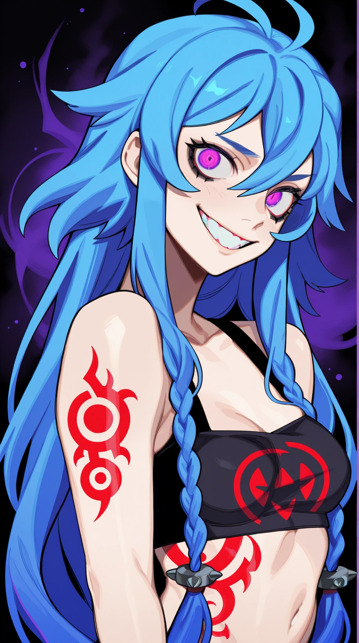 female,hight quality,detailes,detailed,Image is a digital illustration featuring a stylized character with vibrant blue hair styled in long braids. The character has a fair skin tone and is depicted with exaggerated facial features, including large, expressive eyes with purple irises and a wide, mischievous grin revealing sharp teeth. The character's attire includes a black, spiked strap across the chest, and various tattoos are visible on the skin, including geometric shapes and symbols. The background is dark with abstract patterns, enhancing the dynamic and edgy aesthetic of the artwork. The overall composition is bold and colorful, emphasizing the character's rebellious and energetic persona.