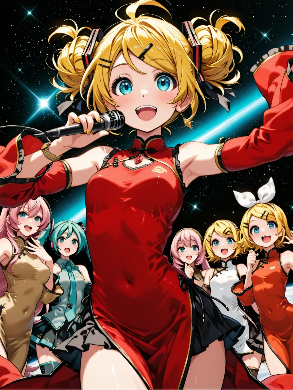 Illustration of a grid girl with short blonde hair and glasses。Characters are dressed as grid girls。The costume is a shiny orange and white costume.、The top is short。Orange and white pattern on sleeves、Bottoms are tight shorts。On her feet she wears orange high-heeled boots.。Have a cheerful and confident smile。Simple white background。