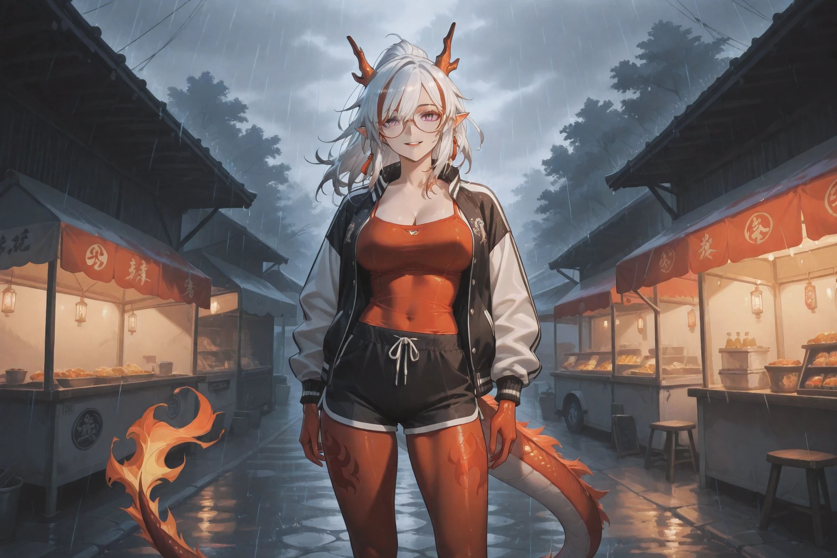 (NSFW:1.1), A Realistic image, extremely sharp focus, crisp details, high resolution, low light, low contrast, fashion photography, 4K, 8K. (correct anatomy and detailed hand). A wide angle shot, front view, a detailed, high quality rendering of arknian. She wears beautiful, detailed round eyeglasses, she wears a camisole, varsity jacket and shorts. She has a beautiful large breasts. She has a beautiful face details, a beautiful detailed purple eyes, streaked hair, white hair, ponytail, dragon horns, dragon tail, pointy ears, detailed hands, five fingers and a real human skin, her expression is happy and she looks at the viewer. She's standing in front of a food truck. Rain, autumn, dramatic cold soft light casting soft natural shadows, cold and warm color pallete. the background has highest detail, detailed background and depth of field.