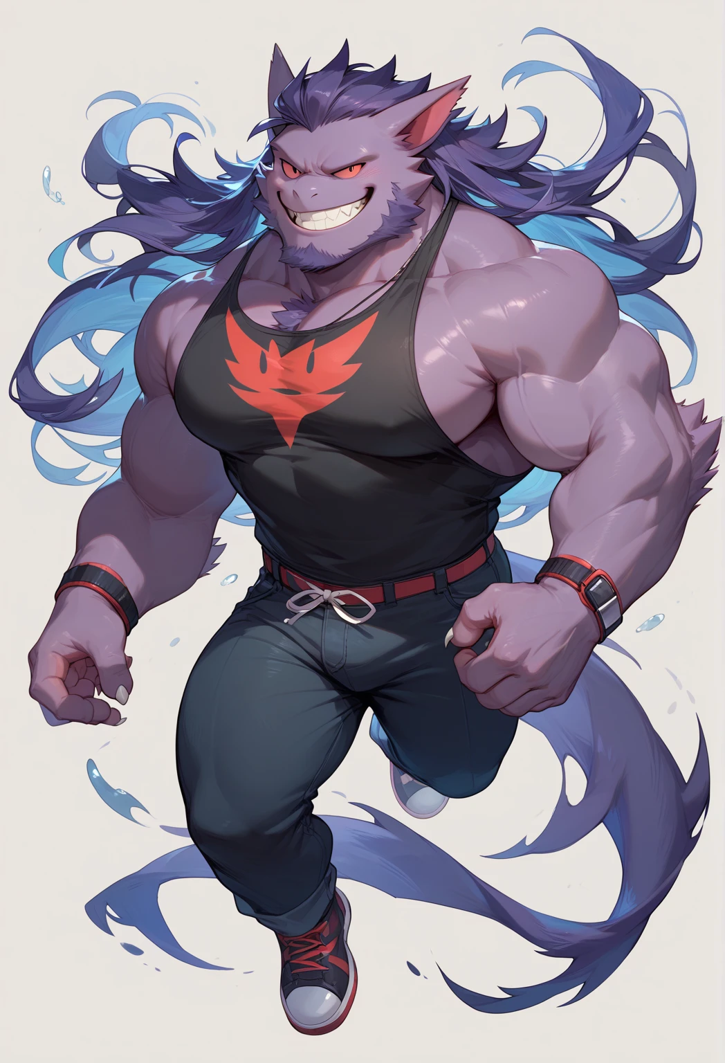 A very muscular, werewolf, chestnut hair, blue eyes, attractive, shirtless, with long, loose hair, who is flexing his biceps and is really attractive and is only in his underwear.