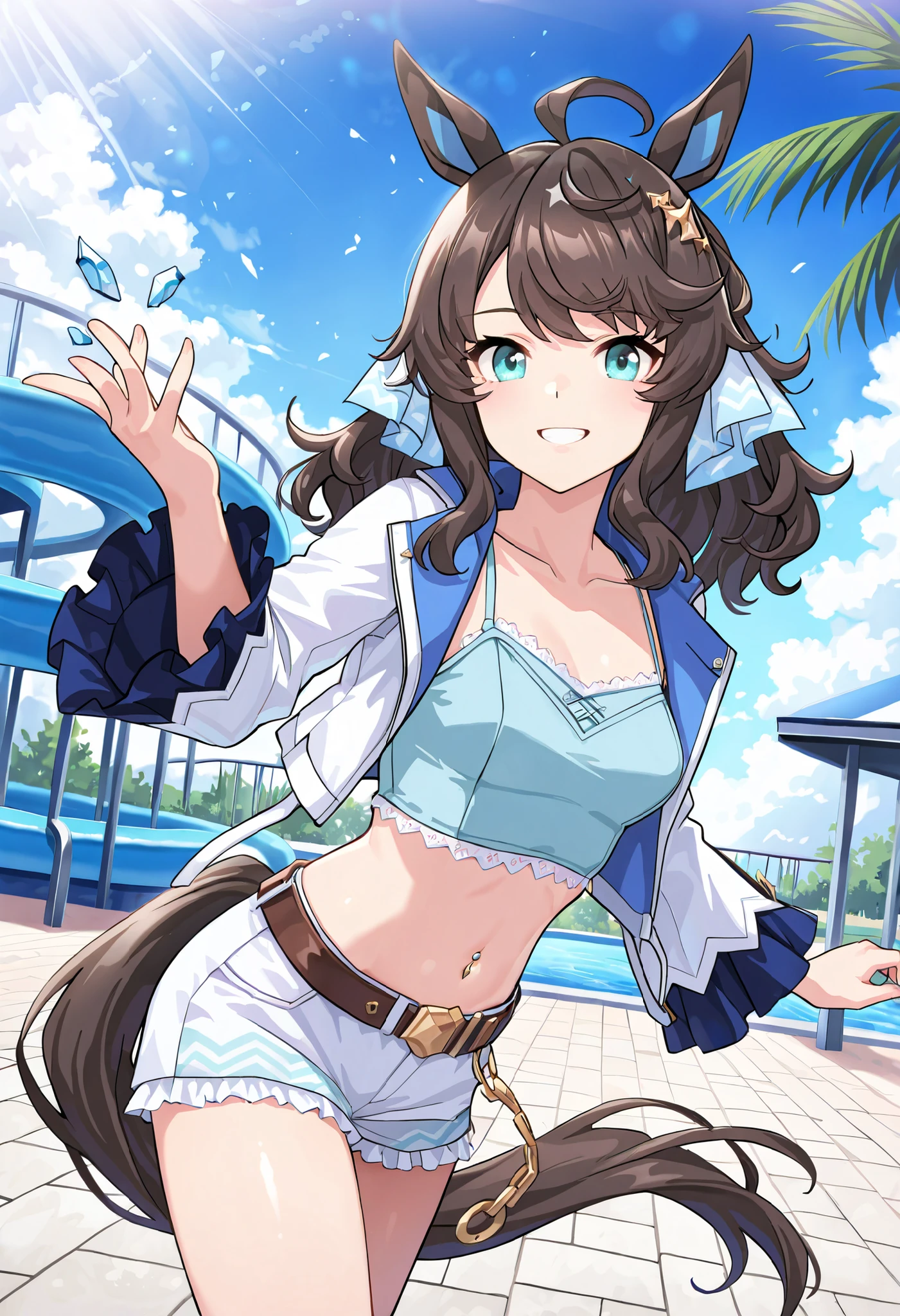 (masterpiece, best quality, perfect face:1.4), wide angle, daring tact\(umamusume\), 1girl, horse ears, hair ornament, hair ribbon, horse tail, tail on the lower back, proportional body, proportional,1 girl, beautiful hair, beautiful face, beautiful detailed eyes, beautiful clavicle, beautiful body, beautiful chest, beautiful thigh, beautiful legs, beautiful fingers, looking at viewer, BREAK, hadegalchainbelt, large o-rings, chain-belt, black cropped jacket, light green camisole, white shorts, navel piercing, BREAK, waterpark, sidewalk, concession stand, palm trees, clouds, shade, sun rays, BREAK, grin smile, textured skin, realistic skin, HDR, BREAK, good hands,