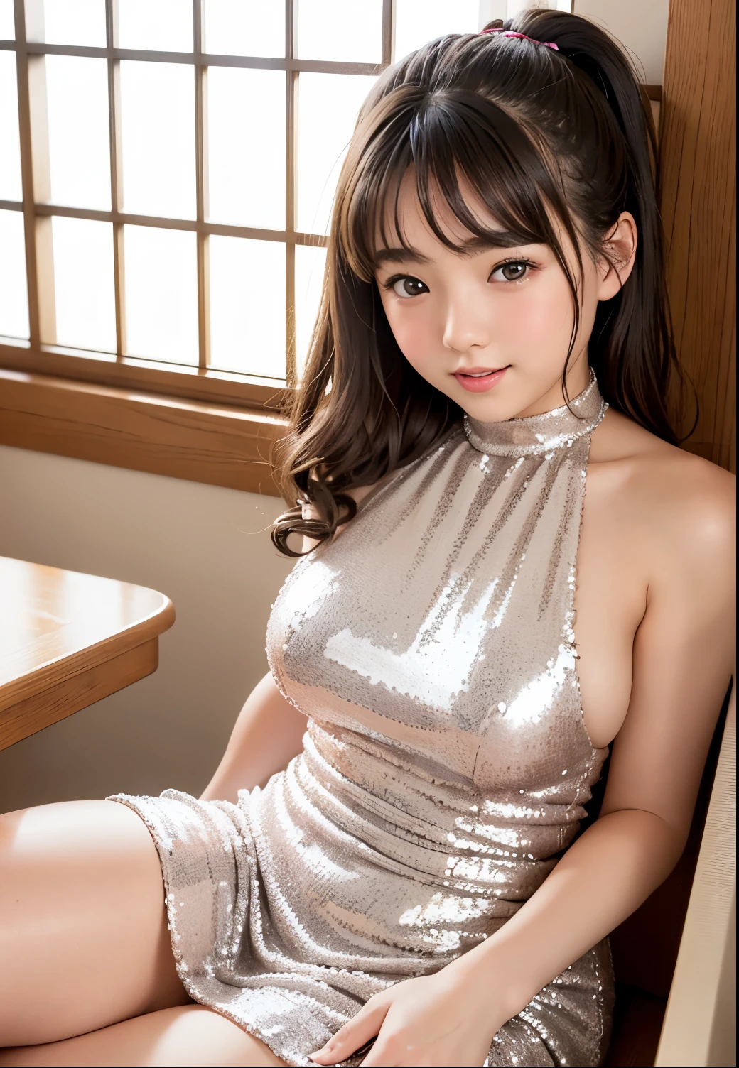 (Highest quality,masterpiece:1.3,Ultra-high resolution),(Very detailed、Caustics) (Realistic:1.4, RAW shooting、)Ultra-Realistic Capture、Very detailed、Natural skin texture、masterpiece、(A Japanese elementary school girl wearing a gold sequined dress:1.3)、Adorable expression、Expressions of happiness、10 years old、height: 140cm、Baby Face、Pure girl、Amazingly cute、Twin tail hairstyle、Curly Hair、ribbon、necklace、Black Hair、Large Breasts、Shining thighs、Shining ass、Shooting on the main street of a tourist spot、Summer early morning、Background details、smile、An inviting gaze、(Anatomically correct)、Cowboy Shot、Attention to detail、