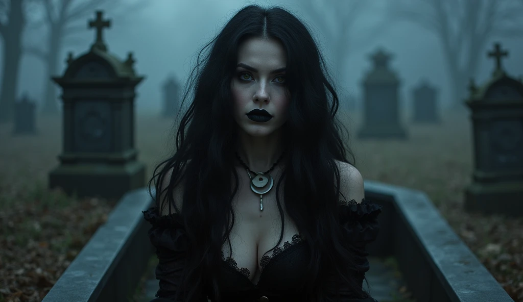 woman, long straight black hair, medium bust, dressed as a witch, at night, full moon in the background, looking at the camera, photorealistic