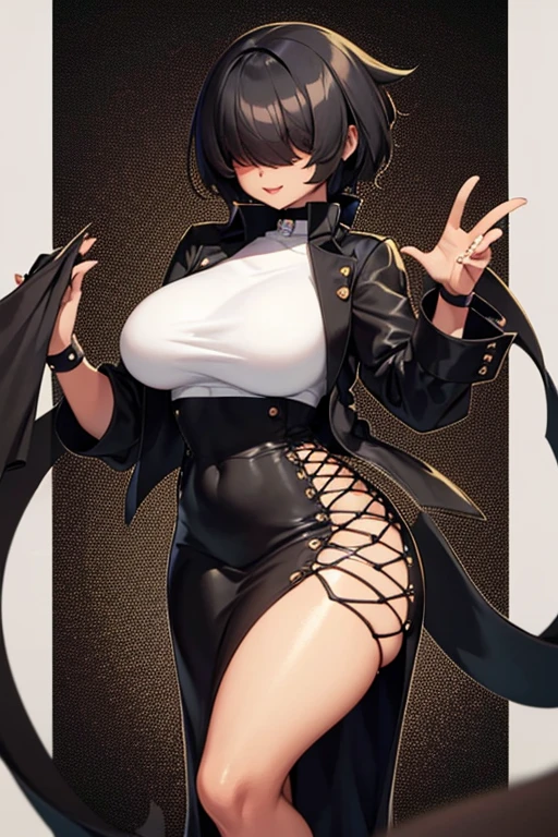 4k, high quality, soft light, cel shading, thick lines, short black bob hair, dark eyes, sexy, big breasts, thick thighs, wide hips, chinese dress, leg slit, muscular, toned, long flowing chinese dress, ornate, jewelry, hair bun, hair accessory, sexy anime lady, thicc, thick lady, thick hips