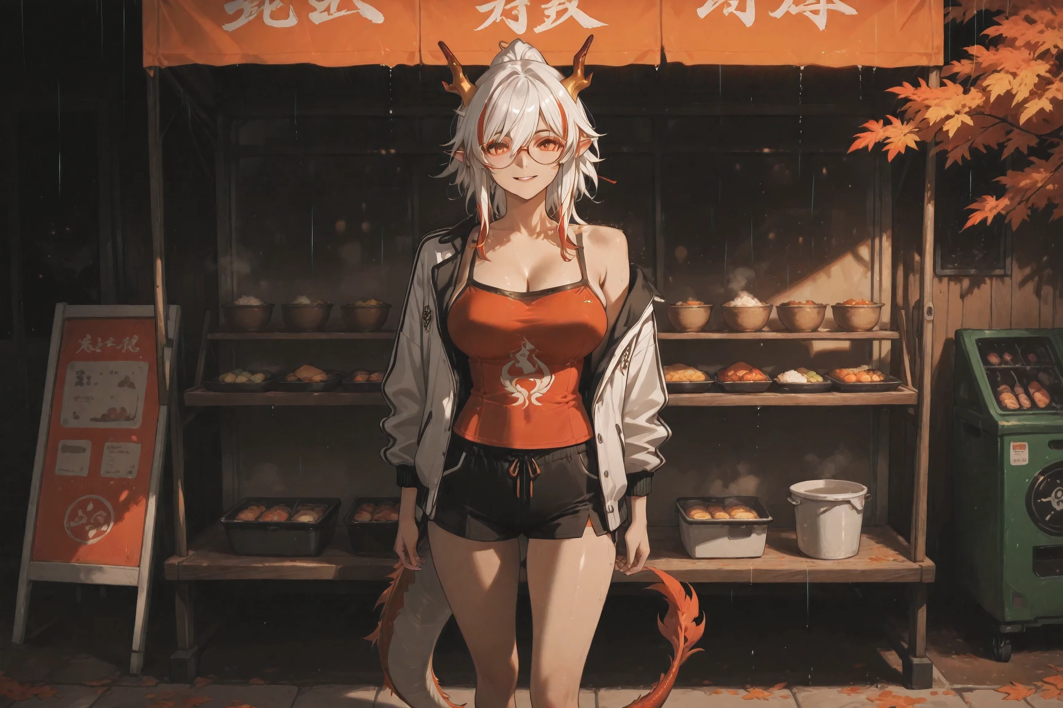 (NSFW:1.1), A Realistic image, extremely sharp focus, crisp details, high resolution, low light, low contrast, fashion photography, 4K, 8K. (correct anatomy and detailed hand). A wide angle shot, front view, high angle, a detailed, high quality rendering of arknian. She wears beautiful, detailed round eyeglasses, she wears a camisole, varsity jacket and shorts. She has a beautiful large breasts. She has a beautiful face details, a beautiful detailed eyes, streaked hair, white hair, ponytail, dragon horns, dragon tail, pointy ears, detailed hands, five fingers and a real human skin, her expression is happy and she looks at the viewer. She's standing in front of a food truck. Rain, autumn, dramatic cold soft light casting soft natural shadows, cold and warm color pallete. the background has highest detail, detailed background and depth of field.