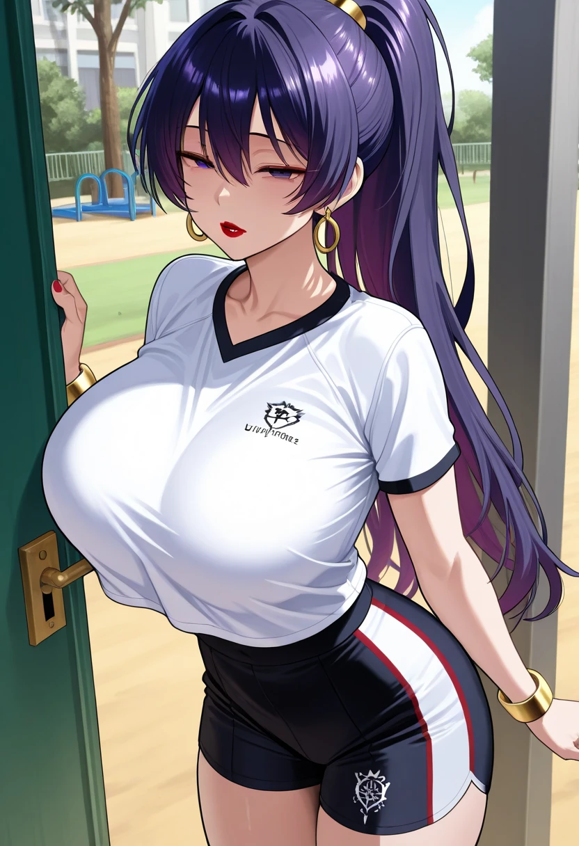 showing her armpits, (football t-shirt), (football short pants), outdoor background, NJAkiV4, oda non style, anime cels style, pink lipstick, purple eyes, (long hair), best quality, high resolution, (cowboy shot, 1 girl, 30yo,Young female,Beautiful Finger,Beautiful long legs,Beautiful body, Beautiful Nose,Beautiful character design, perfect eyes, perfect face,expressive eyes, perfect balance, looking at viewer,(Focus on her face), official art,extremely detailed CG unity 8k wallpaper, perfect lighting,Colorful, Bright_Front_face_Lighting,White skin, (masterpiece:1.0),(best_quality:1.0), ultra high res,4K,ultra-detailed, photography, 8K, HDR, highres, absurdres:1.2, Kodak portra 400, film grain, blurry background, bokeh:1.2, lens flare, (vibrant_color:1.2),professional photograph, (Beautiful,huge_Breasts:1.4), (beautiful_face:1.5),(narrow_waist)