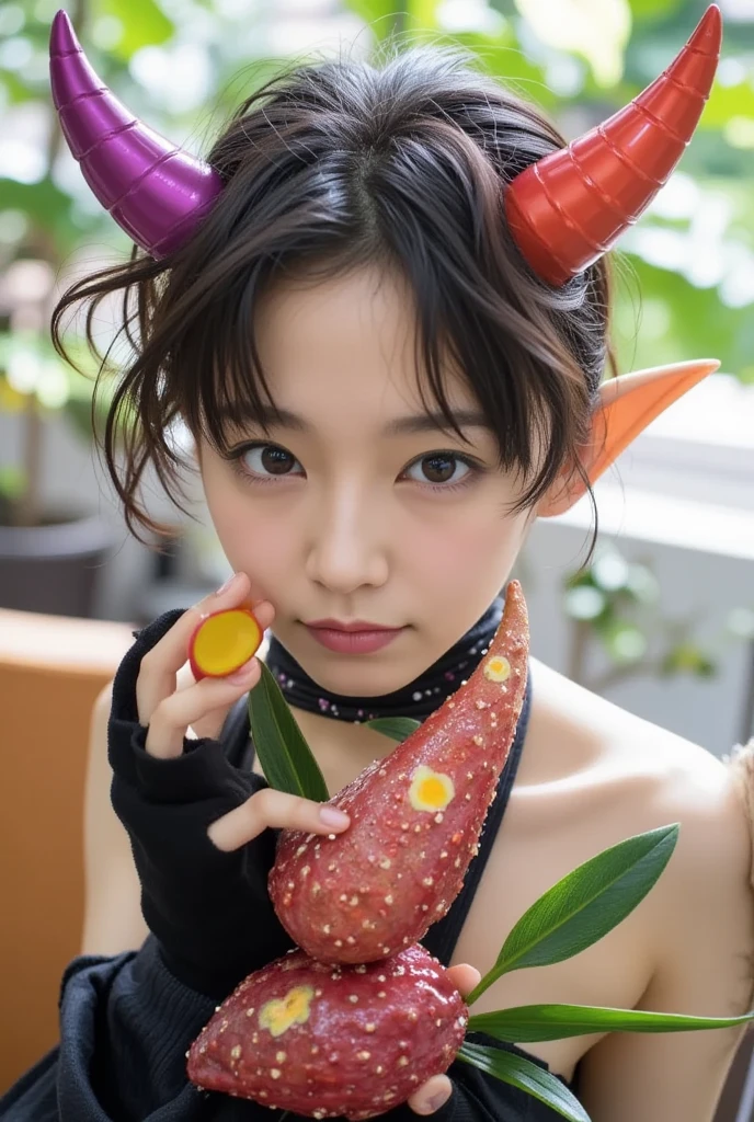 Highest quality、Masterpiece、(((Thick fog of darkness、Black forest、ruins、torii)))、One Japanese demon beauty、Cover your chest with your hands(((((small two horns)))))、Black micro bikini lingerie、Cute lower body、Sexy angle