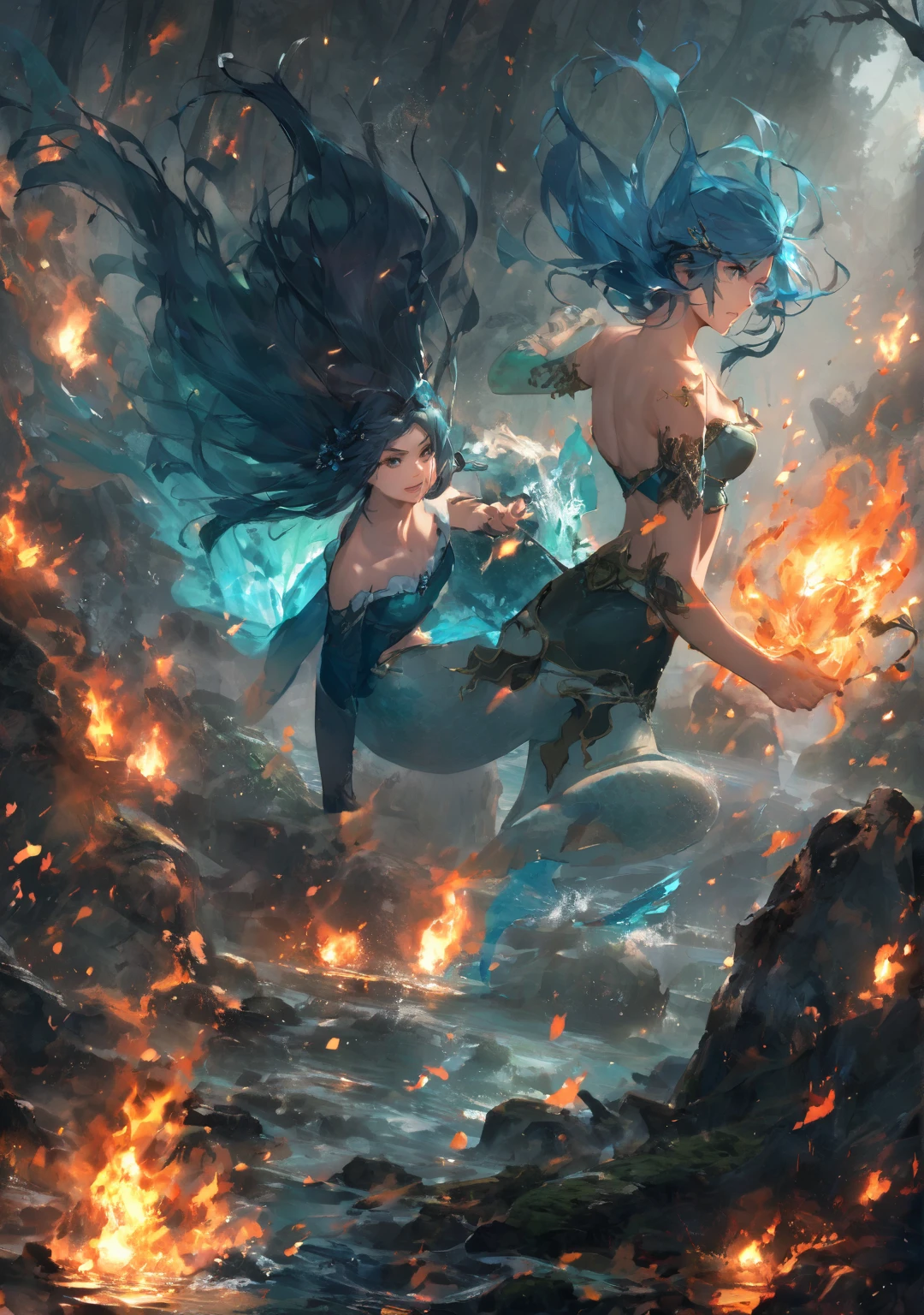 a beautiful mermaid, magnificent big eyes, glowing big eyes, dragon pupils, beautiful detailed reflective eyes, adorable face, deep soulful eyes, middle shot,extreme quality, masterpiece, colour correction,vivid, light exposure, underwater, Fire and Water, flying fluid, different eye colors, jellyfishes