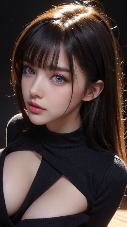 masterpiece, highest quality, Super detailed, Facing the camera, Super detailed, Realistic, Sharp features, Very detailed, Sharp focus, Perfect Face, Perfect Face, Perfect symmetrical perfect eyes, Perfect Plump Lips, Flexible female form, cinematic, Film Light, Super detailed, hyper Realistic, masterpiece, Atmospheric, High resolution, Vibrant, Dynamic Studio Lighting, ((Dark Background)), The expression when enduring pleasure, Straight bangs, Blue eyes, Sleeveless Sweater, Cowboy Shot,turtleneck、first round、Sexually aroused expression、Accessories on the chest、Clothes with cuts,Shoulders exposed skin,(Flat Chest),(Beautiful nipples),(A beautiful girl),