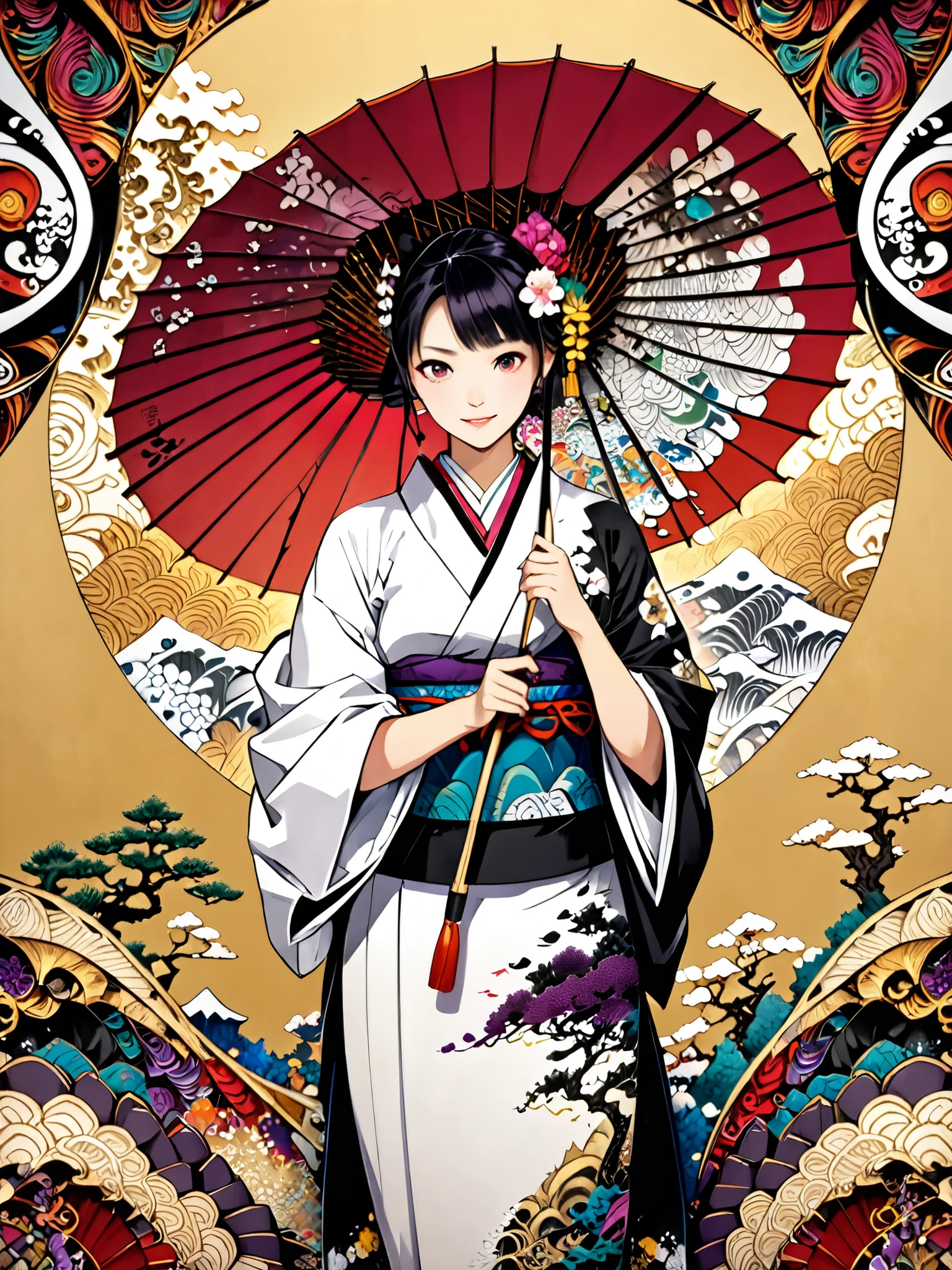 Wrap a white fur stole around your neck , smiles shyly, numerous beautiful Japanese umbrellas, chaos, very beautiful red object, ((( gold background, Plum World))), 8k wallpaper with a sense of unity, ultra details, beautifully refined, Highest Quality, ( zentangle , Mandala, Tangle, Tangle ), ( fractal art :1.3 ), A luxurious object with an ancient pattern, Edo period((Legendary Burner Craftsman)), Background、minimalistic white world colored with soft pastel colors in the style of sumi-e painting ( Japanese ink painting ), 、artistic and attractive composition, pastel watercolor touches in the background、creates a mysterious and harmonious fusion of black and white ink and colorful watercolors, Tattoo, object, Ukiyo-e, abstractionism, depth of field, first person view, throw, masterpiece, Award-winning、
(((Yakitori artisan)))