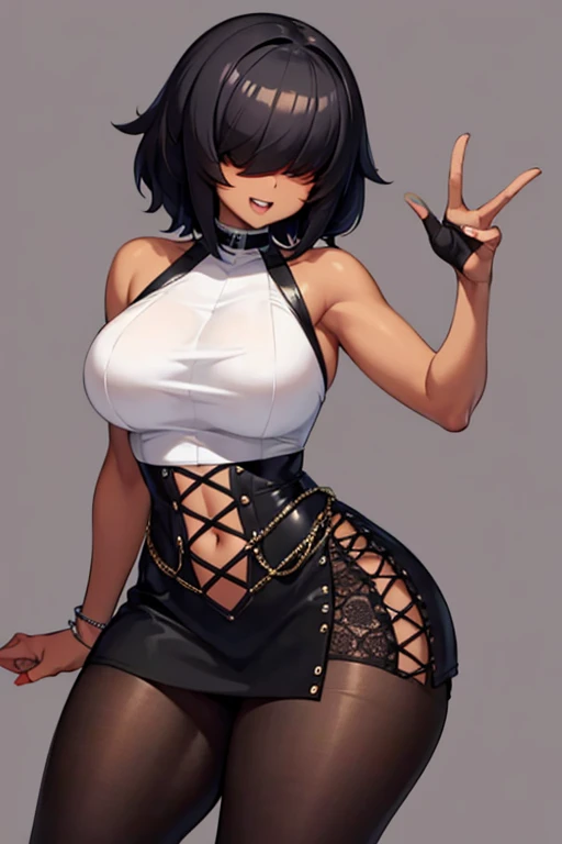 olhos detalhados, pele delicada, melhor qualidade, Melhor Desinger, Melhor ilustração, pele com alto detalhe, olhos detalhados, pele delicada, 1girls, big breasts, black hair, black nail polish, black nails, black panties, breasts, female, female only, fishnets, gold jewelry, hand bra, looking at viewer, pink nipples, red eyes, thick thighs