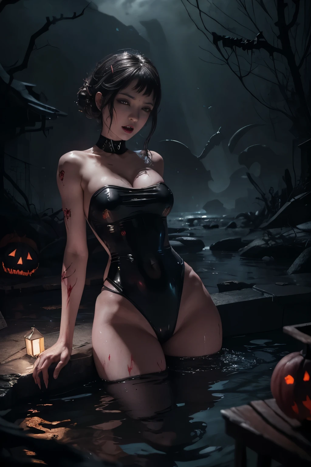 8k, Full body photo of a zombie woman like batman costume all torn and dirty,body and face thin to the extreme,body with open wounds and holes,red eyes, braided black hair, size XL bust, very tight, well drawn hand, Anime style,Unreal Engine 5,Max resolution+quality+sharpness,high detail,view viewer,smile,Background:Cemetery,night,rain