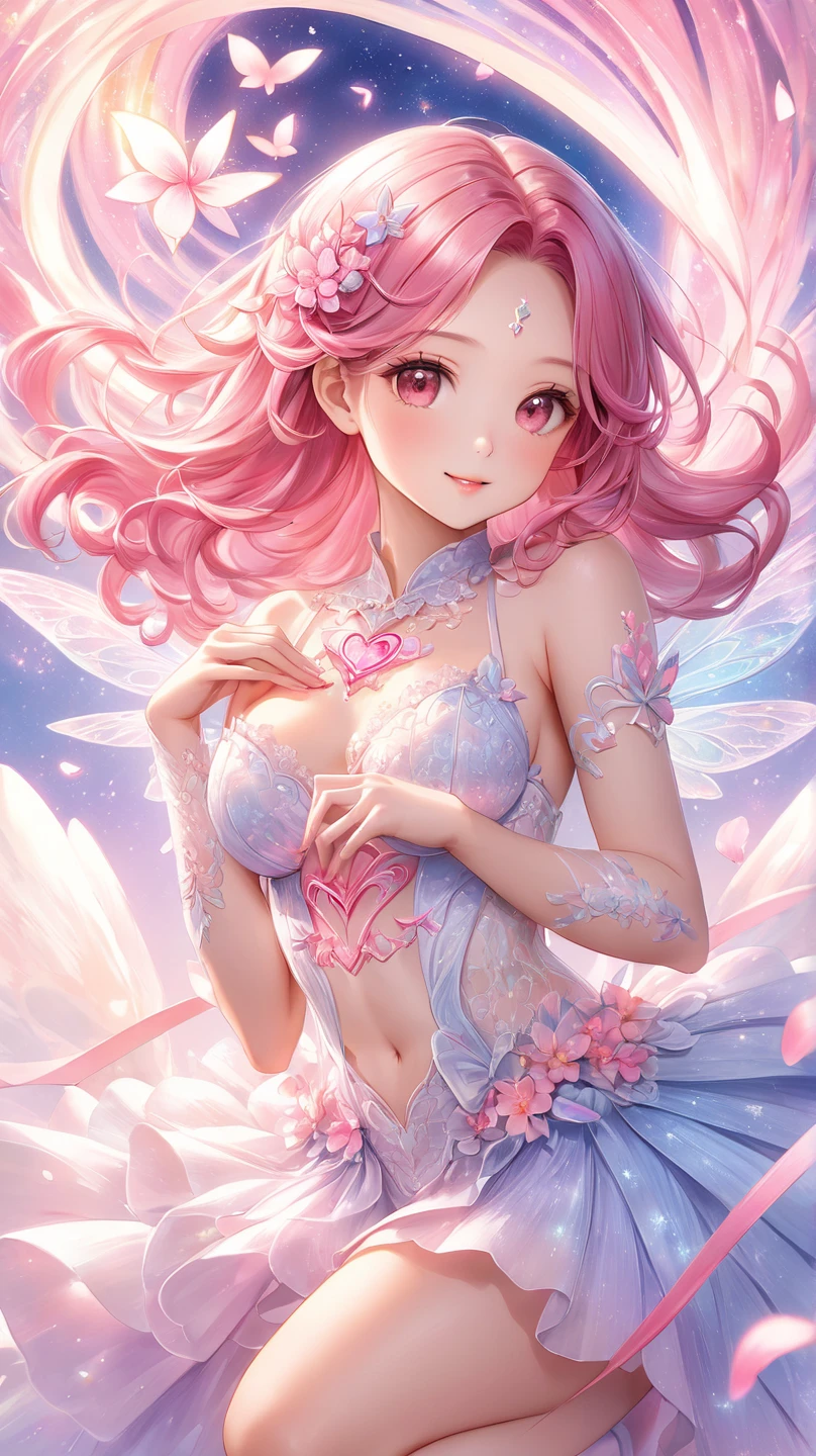 ((Masterpiece)), (((highest image quality)))), (Super detail)), ((Illustration)), Fine Detail, Super Detail CG Unified 8k, Hi-Res, {Beautiful Detail Eyes}, Fine Detail, Beautiful Detail Eyes, anine illustration, Masterpiece, Best Quality, Beautiful Face, Front Light, Look at the Viewer, (((1girl)), smile, Happy, blissful, Delicately decorated accessories necklace, front view, (((gradient, pink ponytail)), white off-shoulder with delicate lace and pearl decoration in the shape of flowers, wearing a long wedding dress with lace slit of the mermaid line, illuminating white shiny skin, posing for photos, Bright tone, bridal long veil, Glowing tiara, double buns, pink hair, masterpiece background, open space with many flowers, light and wings falling from the sky, blue sky --auto --s2