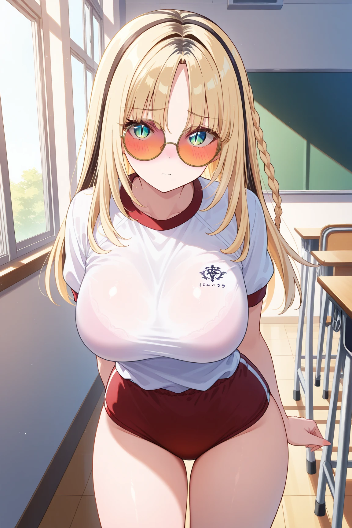 ((highest quality)), ((masterpiece)), grabbing clothes and lifting them up to show breasts nipples crying forest long blonde hair lifting the hem of her clothes outside lifting her top showing off her breasts hot pants hand on top of her chest ジャージ