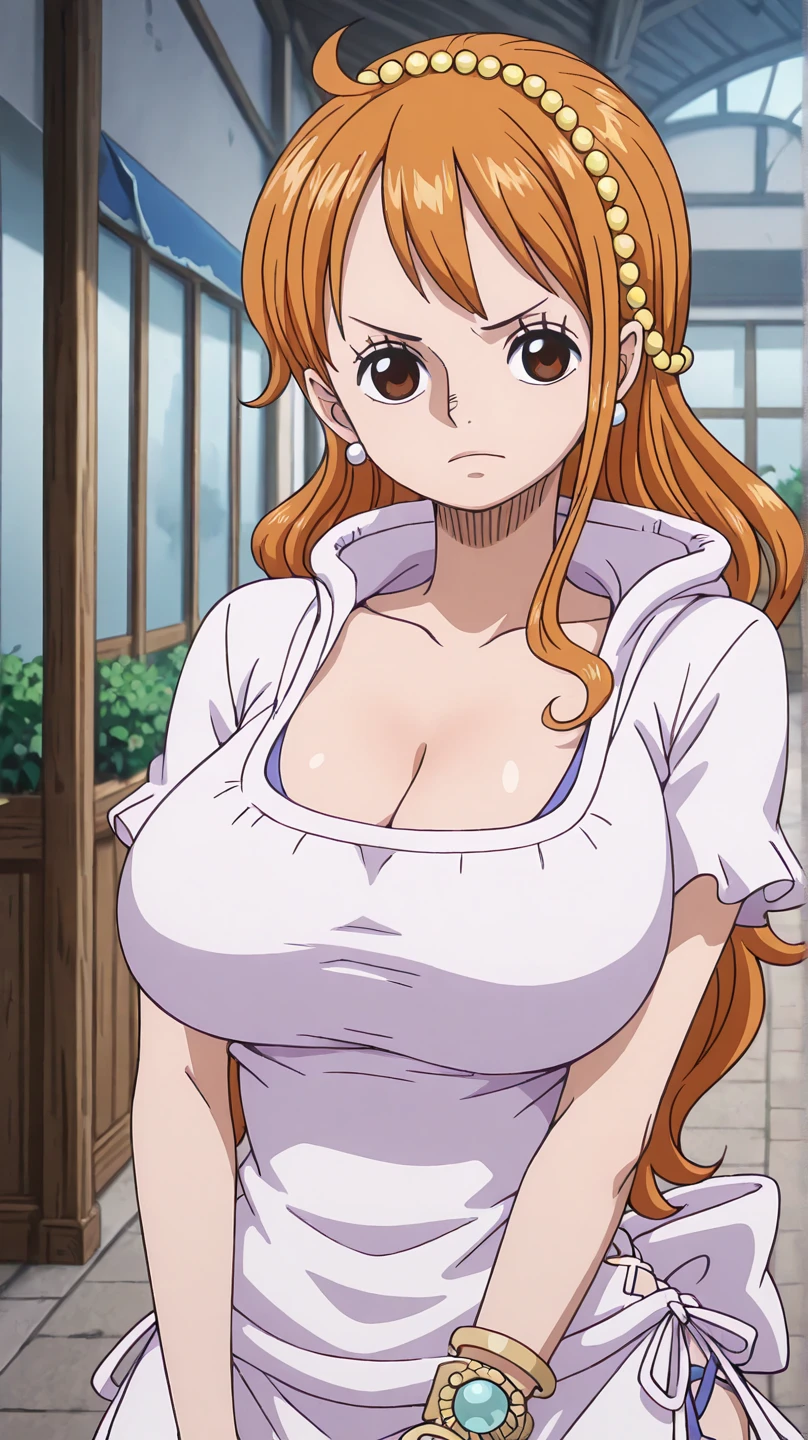 1girl, female nami, anime screencap from one piece, nami female version, solo, long_hair, Red eyes ((Red_hair, swept bangs)), night view, (hanging breasts) upper_body, smile, indoors, book, red_eyes, lips, (high ponytail) ((wearing casual outfit)) breast, "very detailed and high resolution" (Red eyes) ((long hair)) ((solo)) (front view) (earings) ((high resolution)) ((good quality)) ((swept bangs)) ((full body)) ((she is looking down)) cleavage