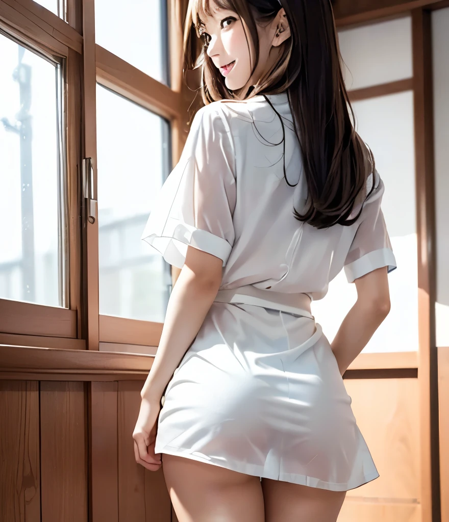 ((translucent hoodie))、((back view))、squat、(highest quality、masterpiece)、NSFW、Stylish nudity、small breasts、cute underwear、embarrassing、blush、Female photographer、stylish room、cute room、Life、photo collection for girls、8k、flower crown、looking at the viewer、wavy hair、laughter、open your mouth and smile、smile、Good atmosphere on site