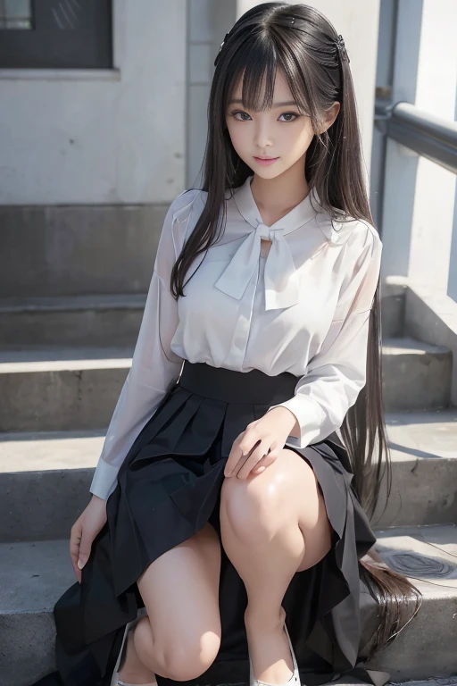 ((in the dark, in the dim place, dark sky, deep mountain pass, trees, dark sky)), (((round face))), (blush, drooping eyes), ((bending to open legs, showing off her light pubic hair and genitals)), young woman, white summer shirt, ribbon, pleated skirt, crouching, one thick braid, shoes,