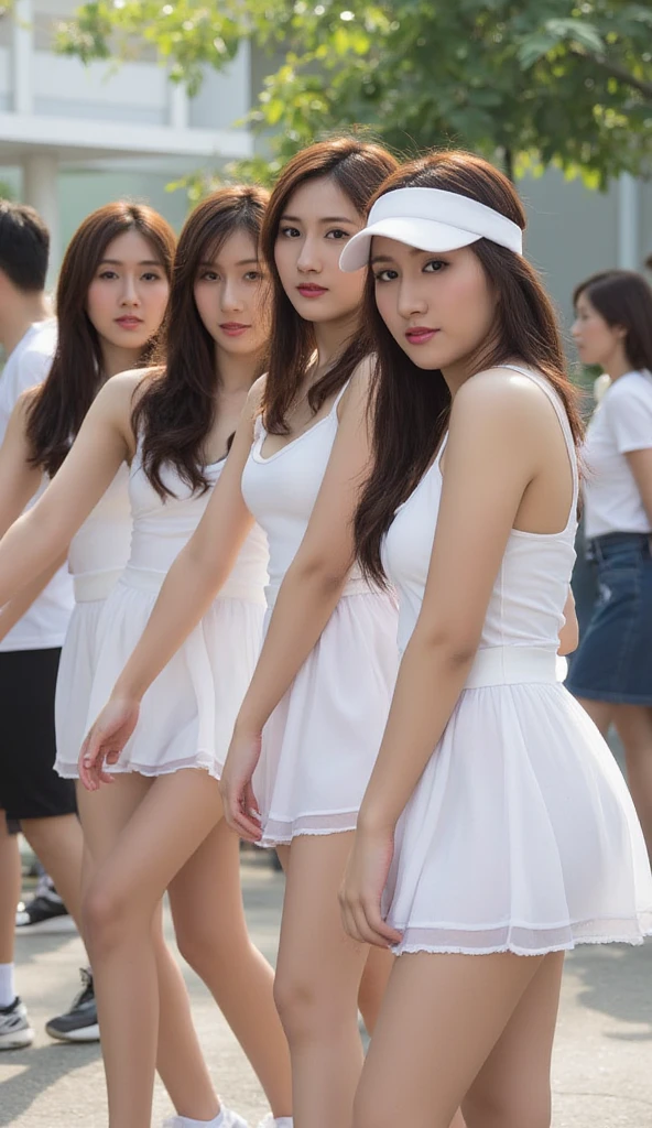 8k, best quality, masterpiece:1.2), (realistic, photo-realistic:1.37), ultra-detailed,((( 5 girl))), five Women standing in front of singapore landmark Marina Bay Sands looking to viewer, singapore young women wet, the vibrant of singapore city, breasts, beautiful detailed eyes,(shirt:1.1), wet, rain, white lace ((full body)),stand, sexy, cute,