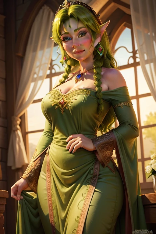 lucy pinder, ((very intense makeup)), chubby woman, white hair, hair braid, elf ears, lace jumpsuit, green jumpsuit, sitting, sexy, smiling