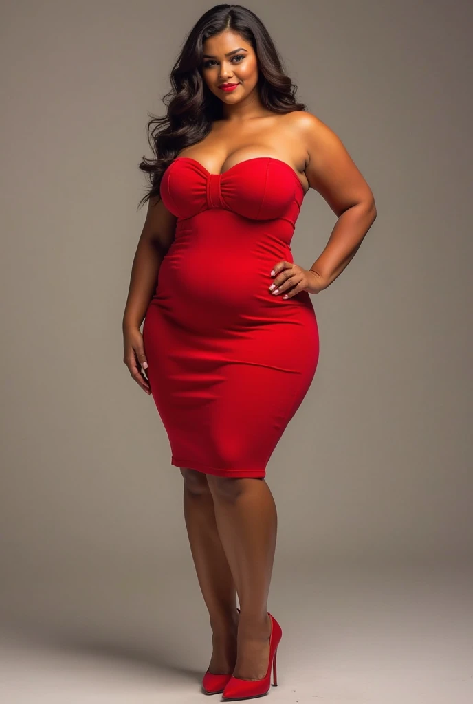 woman, shoulder-length straight black hair, medium bust, wide hips, red dress, chubby, black heels, among red roses, looking at the camera, photorealistic