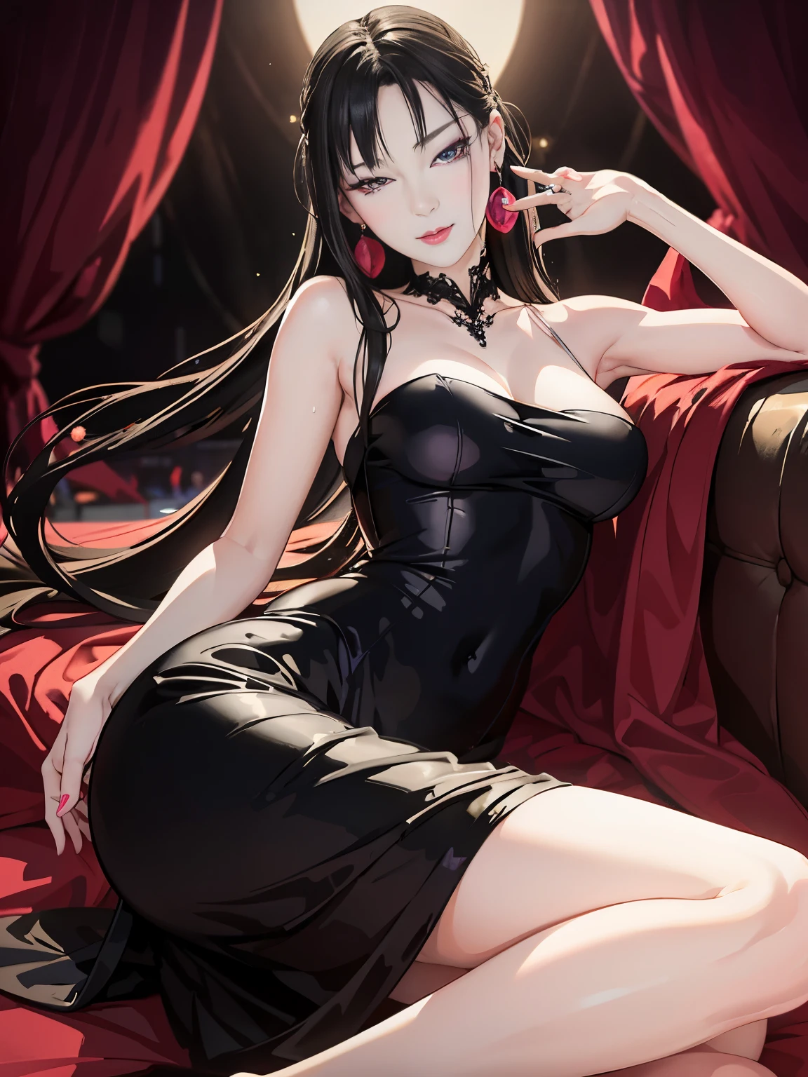 Adult woman, pale skin, Long black hair, Fox ears, Green eyes, red eyeshadow, red lipstick, Black Magic Dress, open breasts, smirk, Masterpiece, hiquality